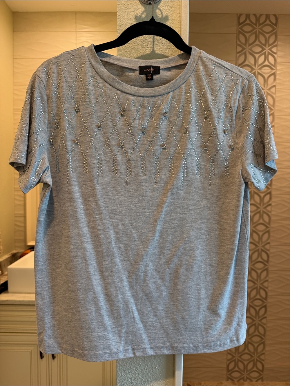 Light Gray Short Sleeve Tee with Rhinestone Detail